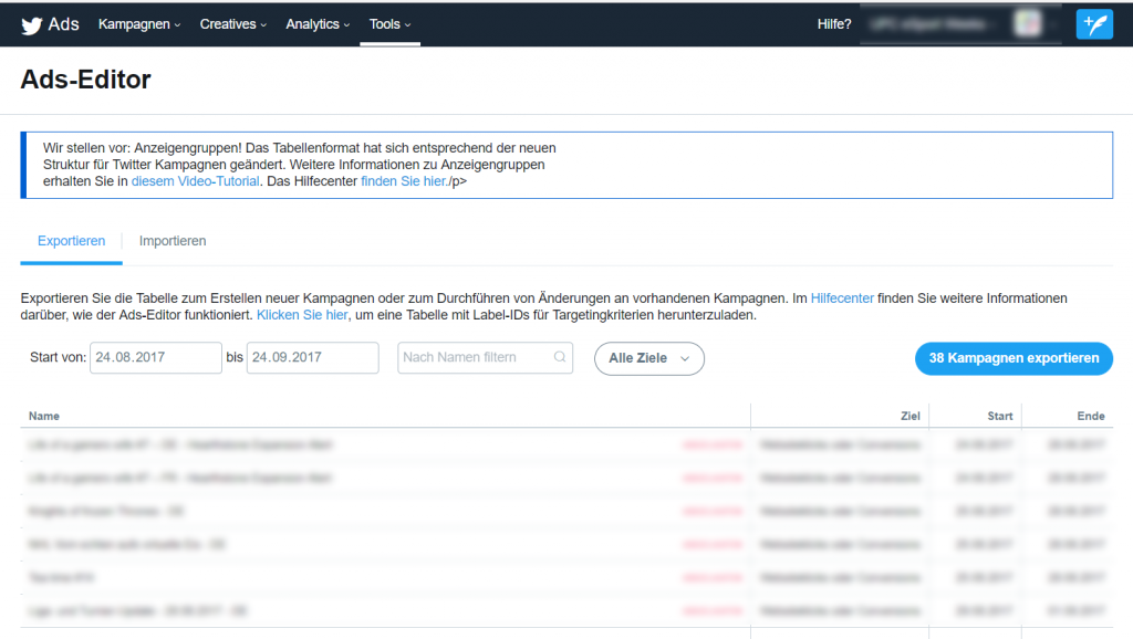 Twitter Ads Editor: Kampagnenliste mit Filter