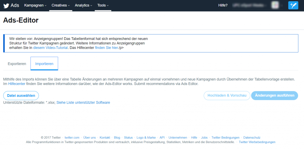 Upload der Tabelle im Ads-Editor